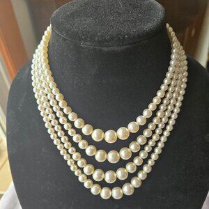 Layered 4 String Costume Pearl Necklace Marked "Japan" Silver Colored Clasp